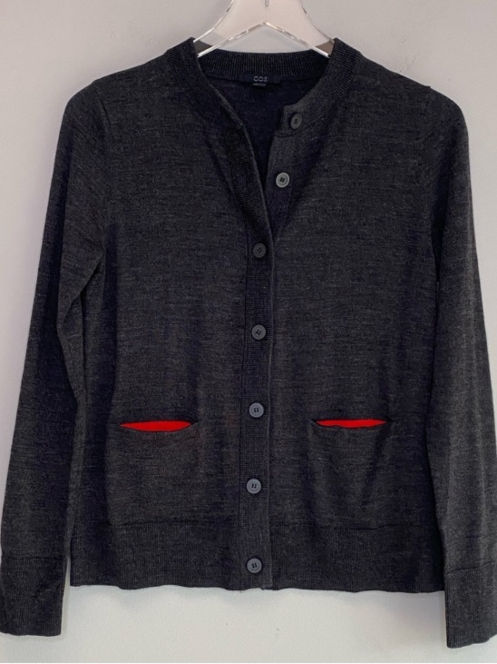 COS Charcoal Cardigan with Red Pocket Accents